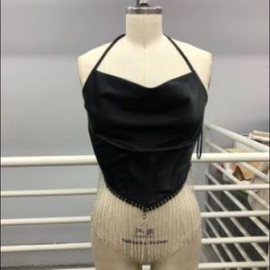 Satin halter top with rhinestone